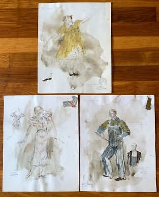 3 bocetos de disfraces de acuarela originales de THE TENDER LAND con sello de gremio de diseñadores Foto 1 de 4