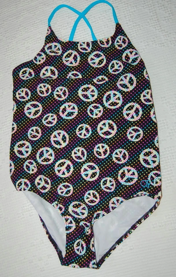 Girls 1 Pc Swimsuit BLACK Turqouise White PEACE SIGNS Polka Dot L 10-12 XL 14-16 - Image 1 of 2