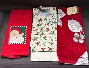 Holiday-Themed Kitchen Towels Set Of 3 With Santa & Holly Design - Picture 1 of 9