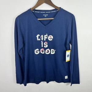 Camisa Life Is Good para mujer mediana azul gráfico floral manga larga top para dormir - Imagen 1 de 7