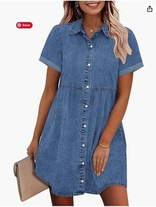 Vintage-Style Denim Button-Up Short Sleeve A-Line Dress With Collar- Small (476) - Picture 1 of 6