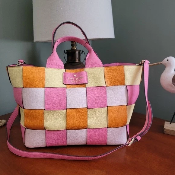 Bolso de Mano Kate Spade KG769 Cesta Tejido Rosa Naranja Blanco Cuero Cartera Foto 1 de 4