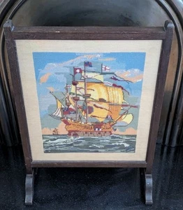 Vintage Wooden Fire Screen with Ship Seascape Hand Embroidery Needlepoint - Picture 1 of 24