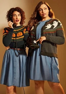 ModCloth You've Been Ghosted Fair Isle Cardigan Gray Halloween Sweater Size XL - Picture 1 of 11