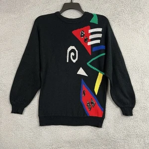 Vintage 80's Abstract Geometric Sweater Womens Small Fit* Black Multicolor Retro - Picture 1 of 24