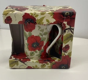 Kent Pottery Coffee Cup Mug Fine Porcelain 10 OZ Red Poppies Lid & Coaster - Picture 1 of 5