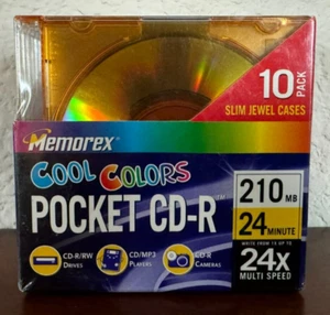New Memorex Pocket CD-R 10 Pack 210MB 24x Cool Color Discs & Jewel Cases - Picture 1 of 10