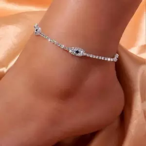 Women's Birthday Gift Anklet Lab Created Blue Sapphire In 14K White Gold Plated. - Picture 1 of 6