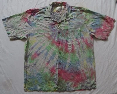 Camisa de seda tie dye roja verde manga corta abotonada - 2XLT hecha a mano alta 2XL Foto 1 de 4