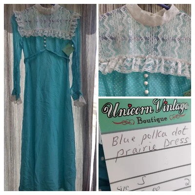 Vestido de crepé vintage azul con lunares blancos para mujer mezcla de poliéster sin etiqueta de talla Foto 1 de 4