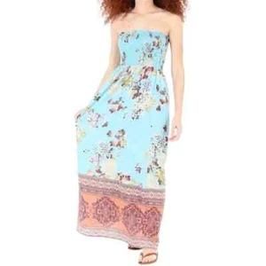Angie Boho Maxi Dress Junior Small Smocked Strapless Bodice Blue Print NWT - Picture 1 of 8