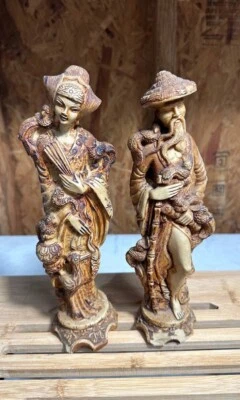 Asian Statue Hand Carved Resin Pair Figures  Vintage 1950s With Defect - Image 1 of 4