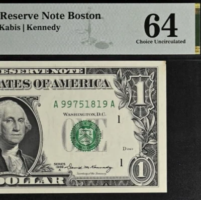 1969A $1 Federal Reserve Note - PMG 64 - Boston - Kabis-Kennedy Fr 1904-A - Image 1 of 3