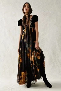 Maxi Vestido Free People Colette Negro Bordado Floral EE. UU. 14 NUEVO CON ETIQUETAS - Imagen 1 de 4