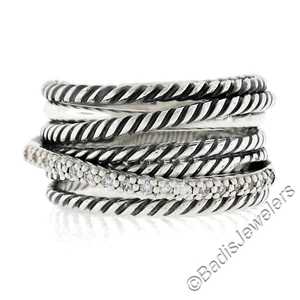 David Yurman Sterling Silver Pave Diamond & Cable Crossover Wide Band Ring - Picture 1 of 7