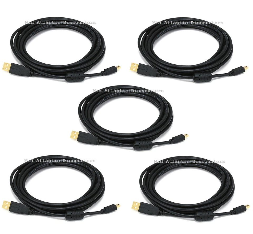 5pk 10ft USB 2.0A Male to Mini-B 5pin Male 28/24AWG Cable Ferrite Core Gold 5449 - Image 1 of 1