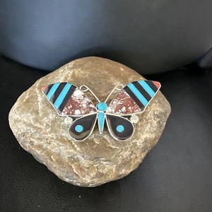 Colgante de incrustación de mariposa de plata esterlina de ónix turquesa Zuni 15152 - Imagen 1 de 12