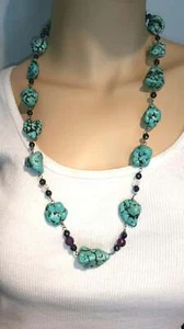 Turquoise Nugget Hand Wrapped Silver Chain With Hematite, Amethyst and Swarovski - Picture 1 of 4