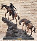 Grand Remington Hommage 2 Chevaux Et Cowboy Bronze Sculpture Marbre Statue Décor