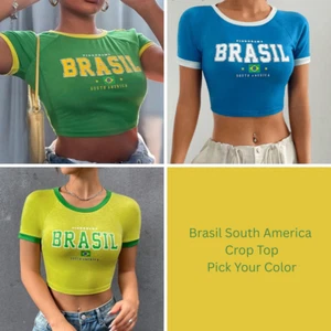 Short Sleeve Color Block Pindorama Brasil South America Graphic Crop Tee M & L - Picture 1 of 23
