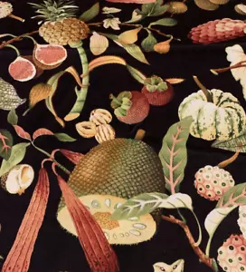 Vtg Bloomcraft Tropical Fruit Melons Nuts Upholstery Drapery Fabric Black 1+Yds - Picture 1 of 19