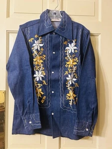 Vintage 60's BORDADOS AZTECA Mens Mexican Embroidered Denim Hippie Shirt 36 NOS - Picture 1 of 13
