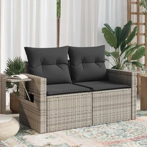 vidaXL Garden Sofa with Cushions 2-Seater Grey Poly Rattan - Picture 1 of 13