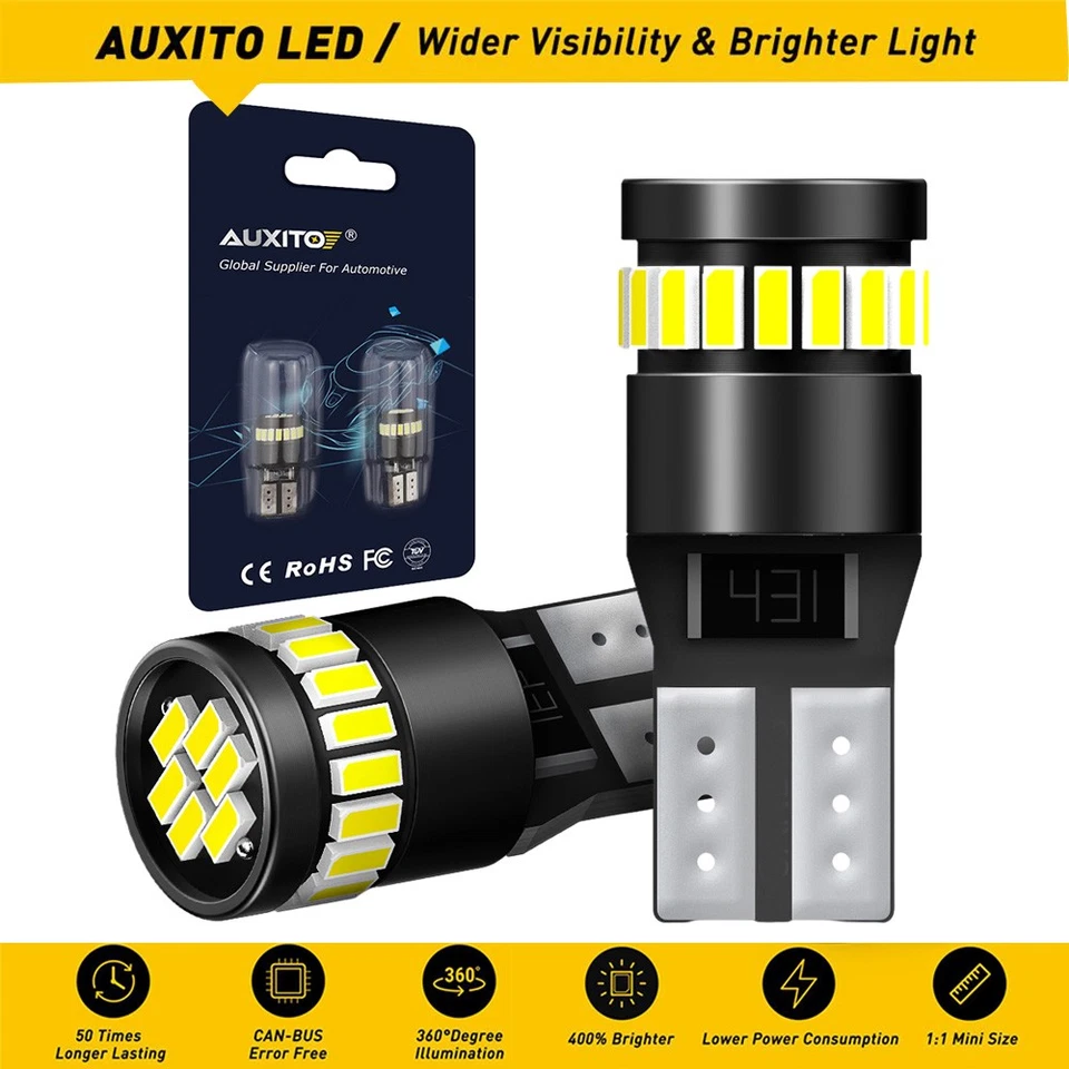 2PCS AUXITO LED T10 Wedge Globe Power High Cool Twin Pack Canbus Wedge 12V Bulbs