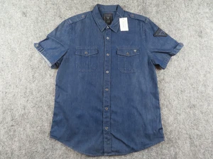 Camisa Guess Para Hombre Grande Azul Cambray Denim Lavado Oscuro Calce Ajustado Manga Corta NUEVA - Imagen 1 de 12