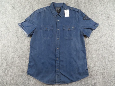 Guess Shirt Mens Large Blue Chambray Denim Dark Wash Slim Fit Short Sleeve NEW - Image 1 of 4