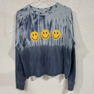 No Boundaries Juniors Tie Dye Smiley Face Long Sleeve Sweatshirt T-Shirt Blue - Picture 1 of 8