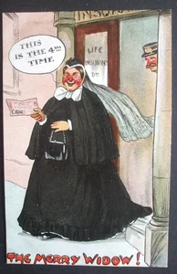 Old F S Fred Spurgin Comic MERRY WIDOW INSURANCE CHECK 4th HUSBAND DEAD MOURNING - Foto 1 di 1
