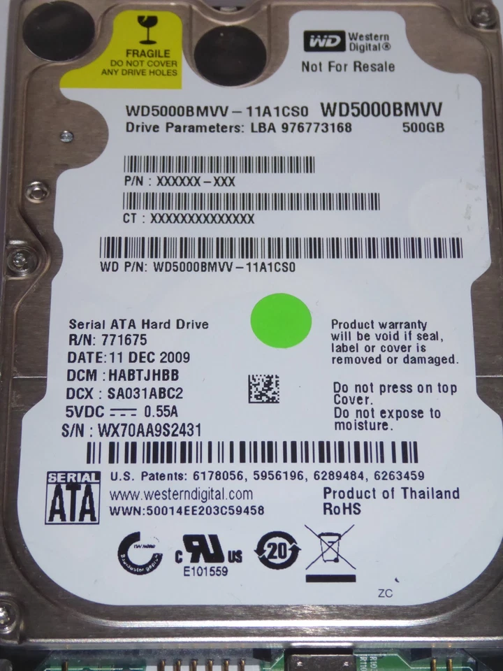 WD5000BMVV-11A1CS0 DCM: HABTJHBB 11 DEC 2009 Thailand WD 500GB - Bild 1 von 1