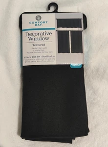 Comfort Bay Black Textured 3 Piece Tier Rod Pocket Set Polyester NIP - Picture 1 of 3