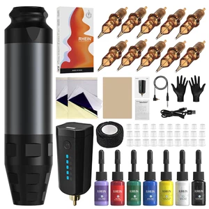 Tattoo Maschine Set Kabellos, Profi 1600mAh Akku, 10 Cartridges, 7 Inks, Zubehör - Bild 1 von 6