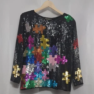 Vintage 80er Pailletten Puzzleteil Seide bunte Bluse Glasperlen RAR Autismus Med - Bild 1 von 16