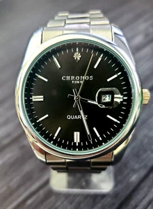 Chronos Men's Day Date Watch Tuxedo Black Diamond Dial Swiss Screw Down Back WOW - Picture 1 of 7