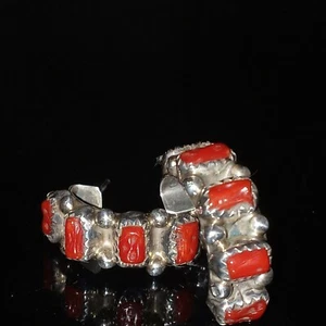 Navajo Signed Red Cluster Half Hoop Sterling Silver Earrings Sally Yazzie - Picture 1 of 12