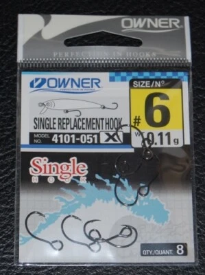 8 Pack Owner Single Replacement Hooks X-Strong Size 6 4101-051 Black Chrome