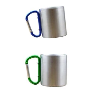 Set of 2 Green&Blue Camping Mug Carabiner Lock Metal Travel Cups Beer 300ml - Picture 1 of 7