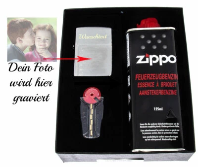 Zippo Geschenkset Chrome brushed Starterset personalisiert mit Fotogravur - Bild 1 von 4