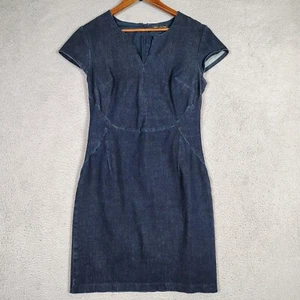 Banana Republic Dress Women 12 Navy Denim Dark Wash Cap Sleeve Split Neck Sheath - Picture 1 of 9