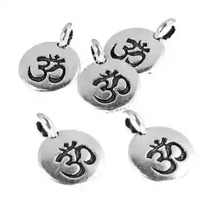 Jewelry Making Findings- Silver Round Om Charms-Hindu Ohm Pendant 6pcs - Picture 1 of 3