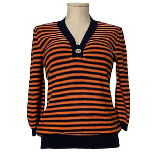 Ralph Lauren Women Sweater V Neck Pullover Orange Stripe Cotton Blue M - Picture 1 of 5