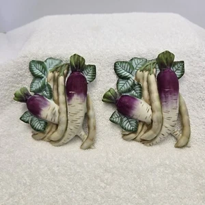 Vintage Lefton Ceramic Wall Plaques KW456 Radish Wire Hang Original Stickers - Picture 1 of 14