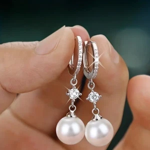 Ohrringe Sterlingsilber 925 Ohrringe weißer Stein und Perle Damen Creolen - Bild 1 von 6