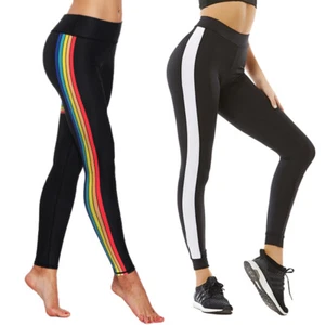 Women's Power High-Waist Leggings White Rainbow Stripes Yoga Running Pants - Picture 1 of 10
