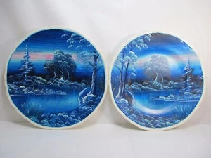 2 Artist Painted Ceramic Plates Beautiful Blue Creek Forest Night Skies Acrylic - Picture 1 of 12
