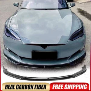 For Tesla Model S 2016-2020 Real Carbon Fiber Front Bumper Splitter Lip Body Kit - Picture 1 of 13