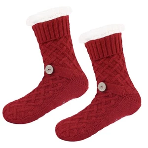 Red Women's Cozy Cable Knit Slipper Socks - Plush Fleece Lined Thermal Sock - Picture 1 of 4